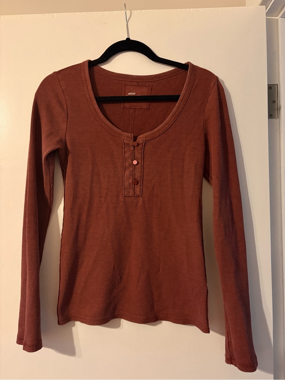 Aerie Rust Waffle Henley Long Sleeve Scoop Neck Top